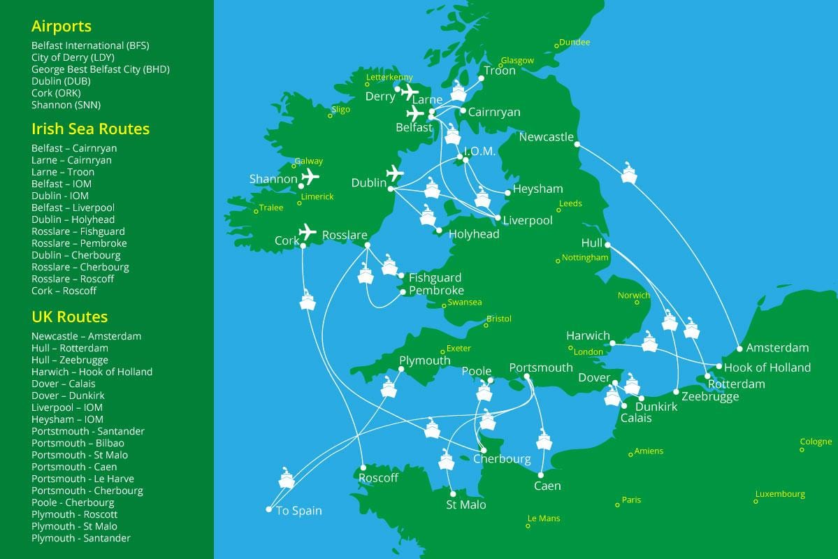 kaart van die veerboot roetes na ierland