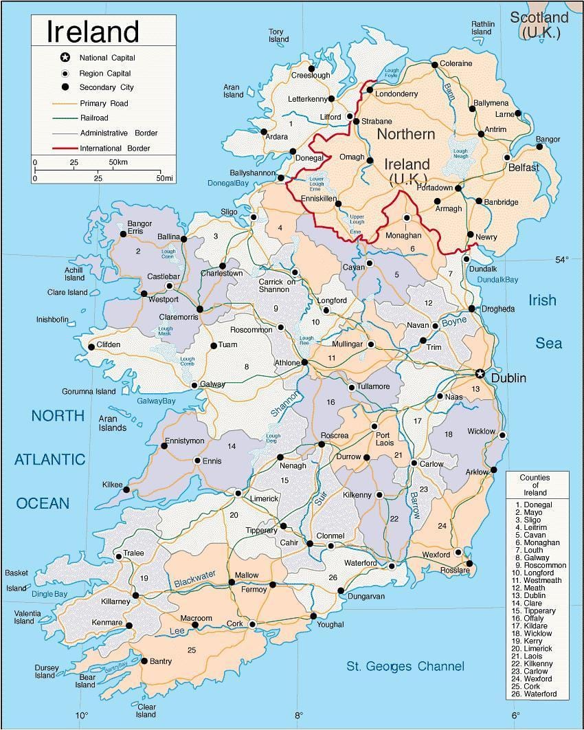 gedetailleerde kaart van ierland met dorpe en stede