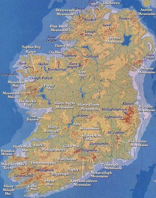 kaart van ierland berge 