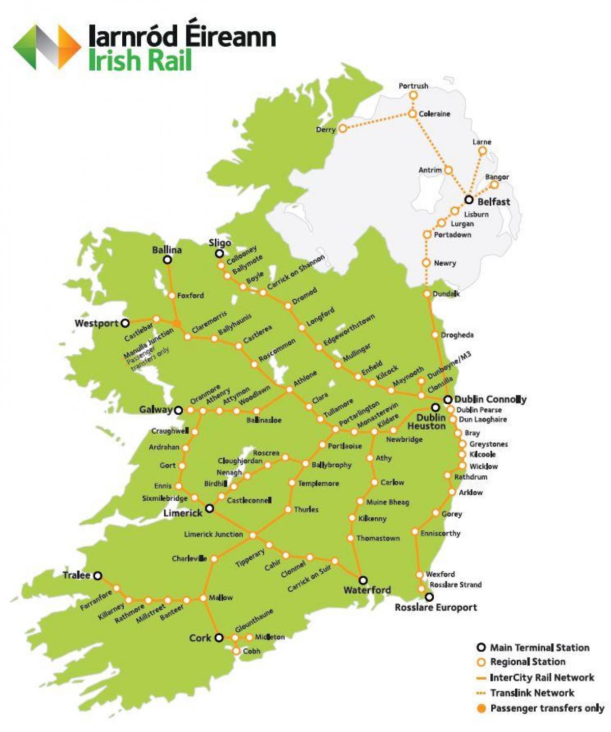 die reis per trein in ierland kaart