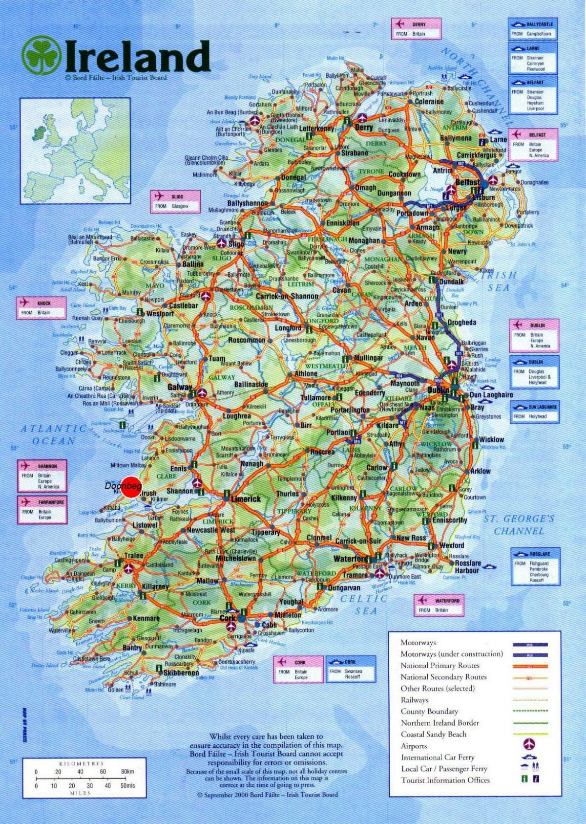 kaart van ierland wat toerisme-aantreklikhede