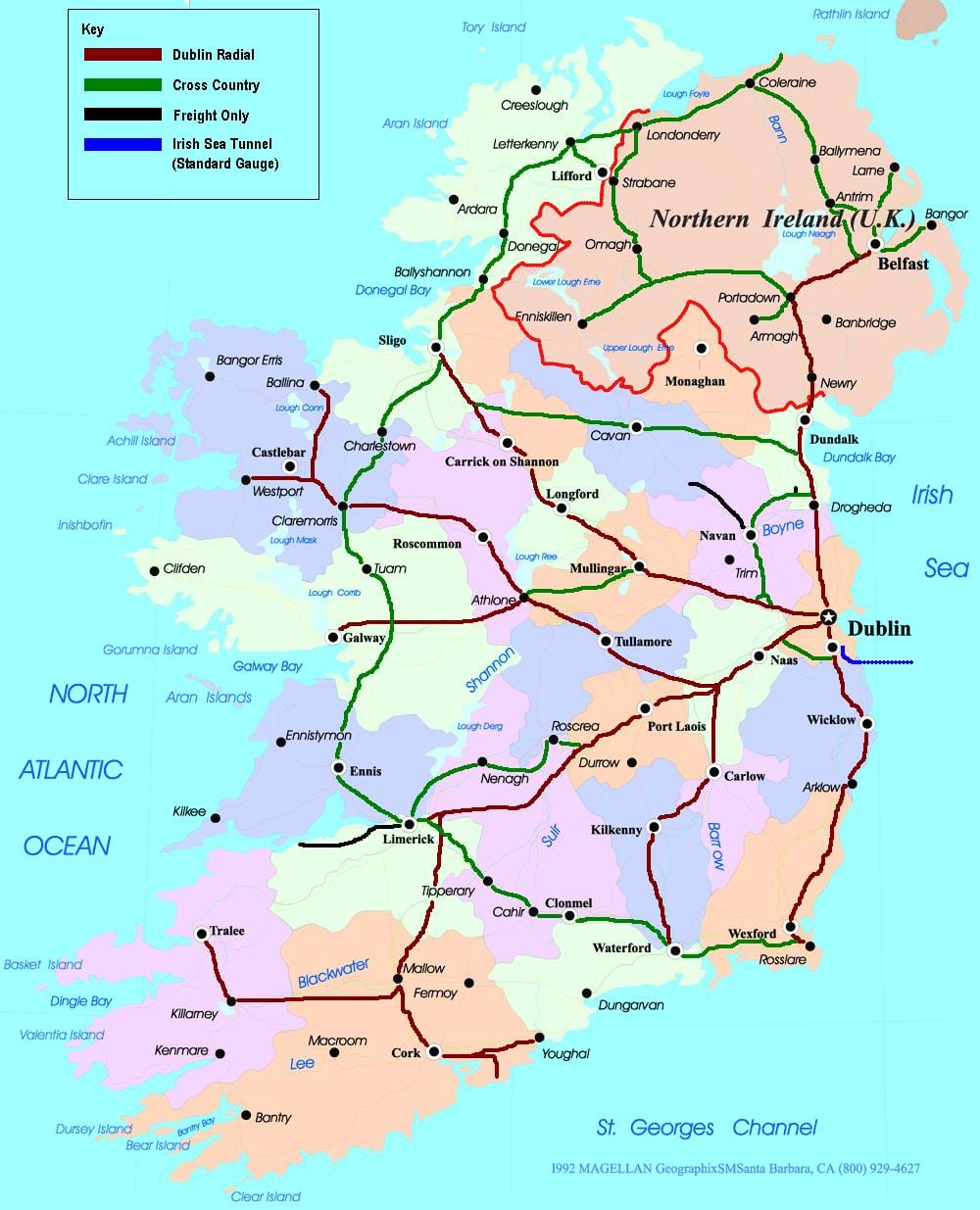 kaart van die trein roetes in ierland