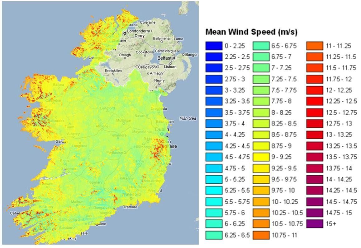 wind spoed kaart ierland